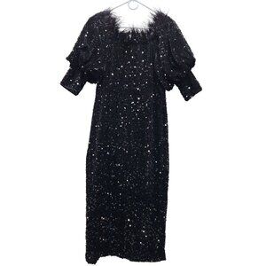 Vintage Black Sequined Dress With Puff Sleeves & Feather Trim Size XL